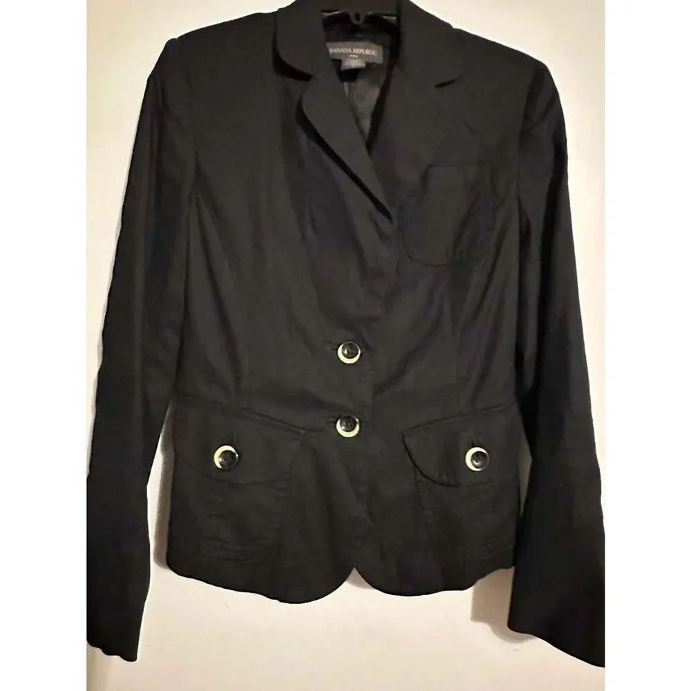 Banana Republic Women's Black Linen Blend Pick-Stitch Blazer Jacket size 8